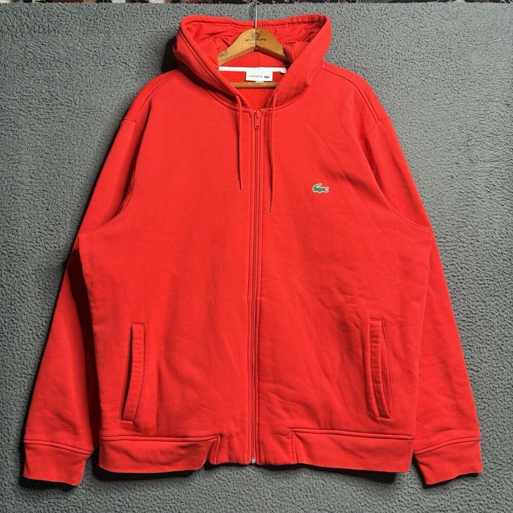 Lacoste Hoodie Mens 4XL FR 9 Red Sweatshirt Sweater Full Zip Fleece Pockets Y2K